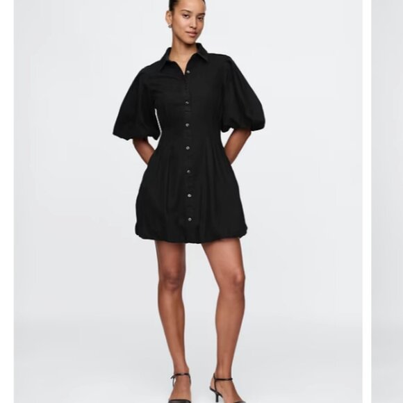 GAP Bubble Mini Shirtdress Black Puff Sleeve Button-Down bubble hem Dress XL - Picture 1 of 10